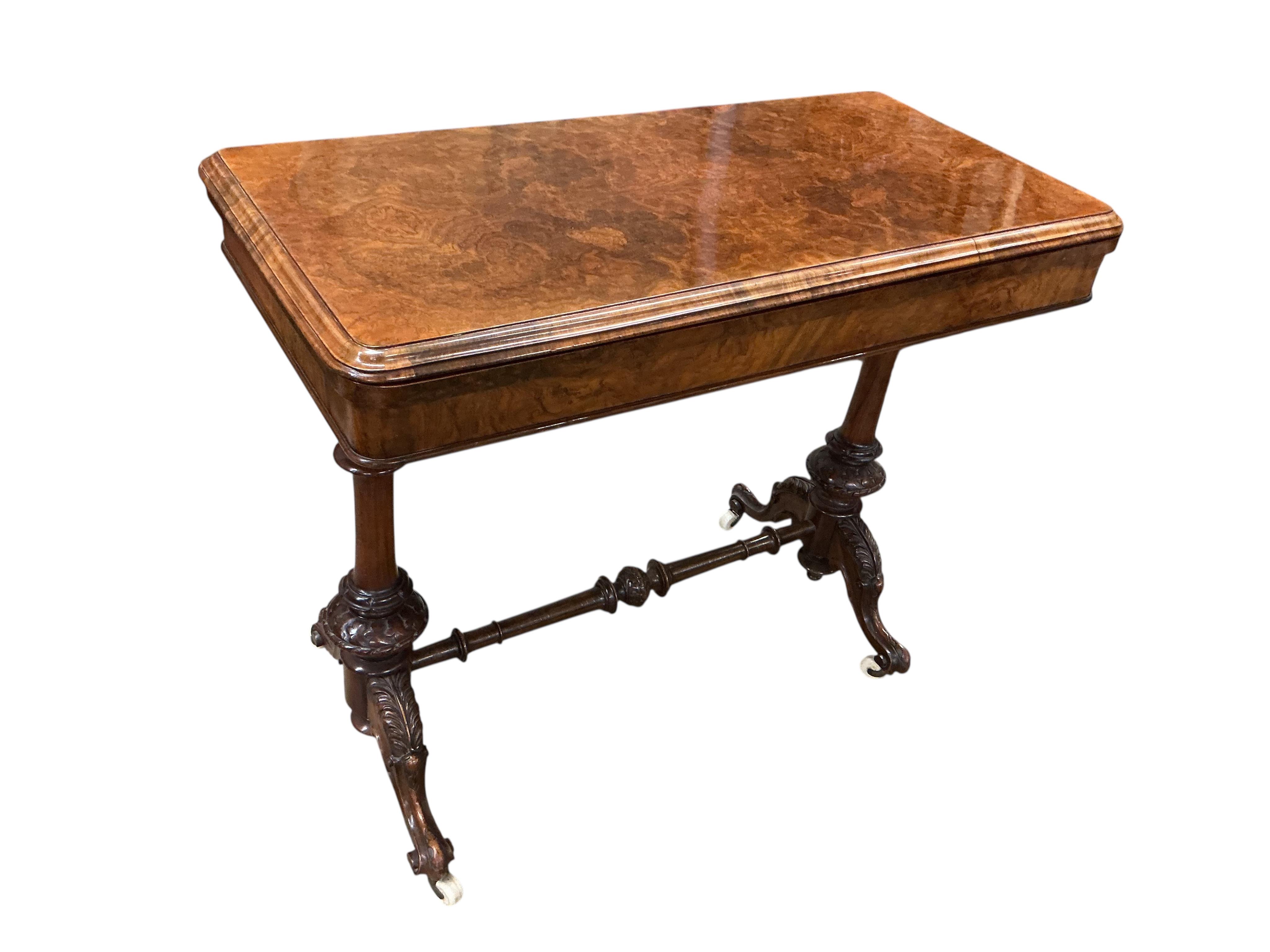A Victorian burr walnut rectangular folding card table, width 91cm, depth 45cm, height 75cm